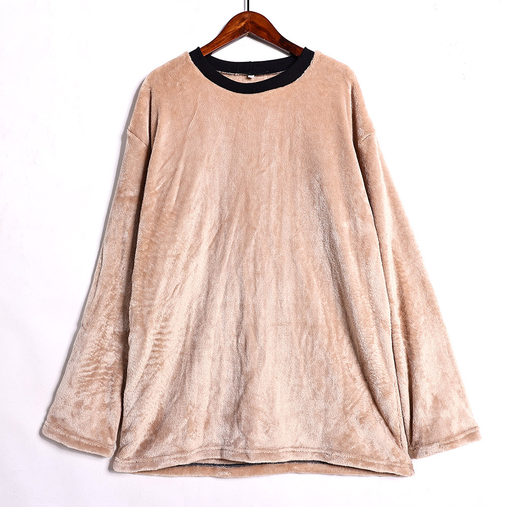 春秋季时尚圆领套头宽松百搭情侣款摇粒绒家居服上衣长袖睡衣潮