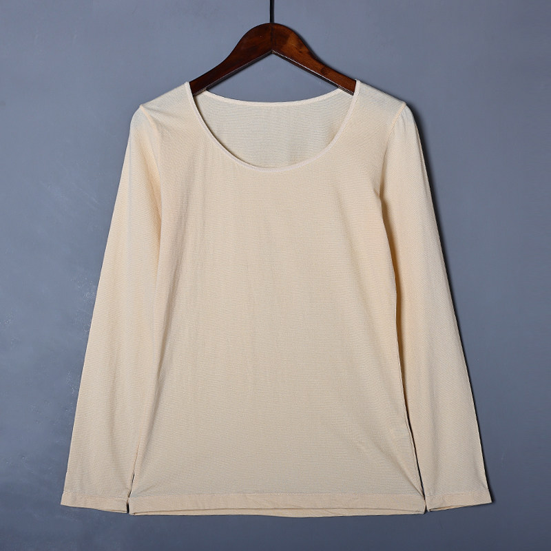 春秋季时尚薄款杏色圆领套头打底衫保暖上衣简约纯色打底衫