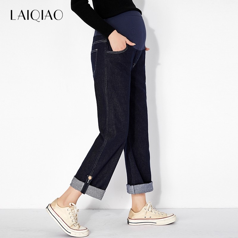 莱巧孕妇装裤子春夏季外穿直筒阔腿裤托腹宽松百搭蓝色复古牛仔裤