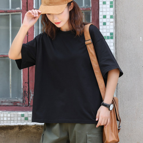 黑色短袖t恤女夏宽松大码纯棉