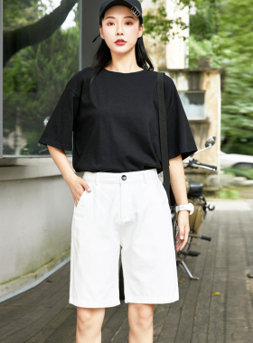 白色工装短裤女夏宽松五分裤小个子直筒休闲大码运动中裤胖mm外穿