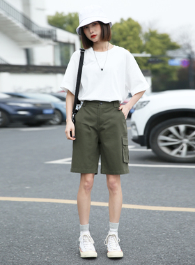 军绿色工装短裤女夏宽松直筒五分裤女小个子休闲大码中裤运动外穿