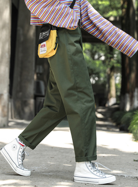 军绿色裤子女春秋工装裤小个子直筒休闲哈伦萝卜大码老爹烟管九分