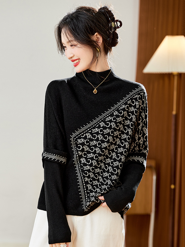 民族风覆古提花毛衣打底衫女秋冬半高领宽松蝙蝠型拼色针织衫洋气