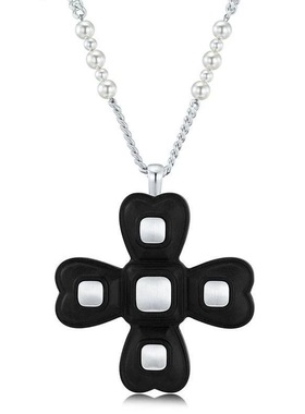 中古vintage毛衣链四叶花黑色复古长款珍珠ins项链女