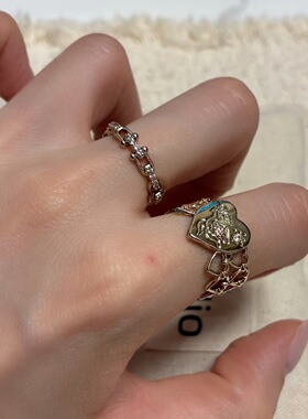 爱心天使浮雕戒指女轻奢叠戴满钻马蹄链条开口指环小众高级感