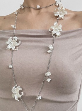 法式仙气浪漫花朵仿珍珠长款项链