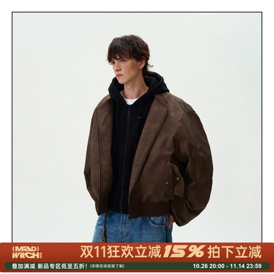 MADWITCH复古假两件连帽做旧棉服