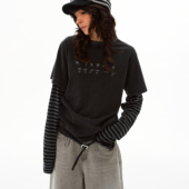 MADWITCH美式 T恤男女复古做旧水洗条纹拼接印花上衣ins 假两件长袖