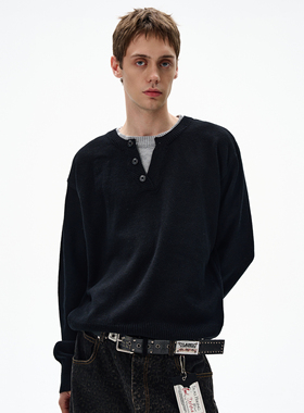 MADWITCH复古休闲撞色双层领针织衫男女宽松简约高智感长袖毛衣潮