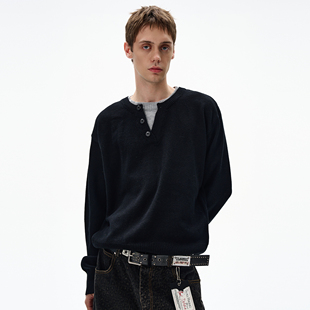 MADWITCH复古休闲撞色双层领针织衫男女宽松简约高智感长袖毛衣潮