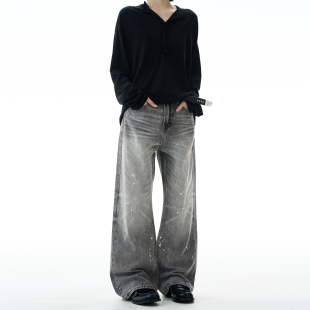 子潮 男女宽松休闲高街vibe裤 MADWITCH美式 复古水洗做旧泼墨牛仔裤
