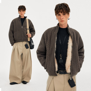 MADWITCH复古麻花纹立领开衫毛衣男女冬季休闲加绒保暖老钱风外套