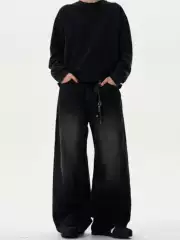 Madwitch Retro Washed Bootcut Jeans for Men and Women, Loose Casual Wide-Leg Straight Black Pants ins