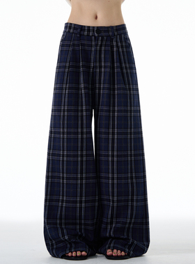 MADWITCH美式复古双褶格子休闲裤男女复古宽松显瘦阔腿拖地裤子潮