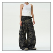 裤 男宽松廓形反穿设计感做旧工装 复古迷彩弯刀牛仔裤 MADWITCH美式