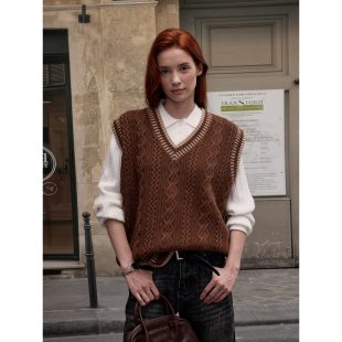 MADWITCH复古学院风麻花条纹针织衫 女宽松休闲慵懒叠穿马甲背心潮