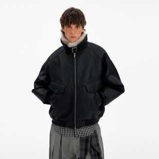 MADWITCH美式 保暖加厚座山雕外套 复古毛领拼接PU皮衣棉服男女冬季