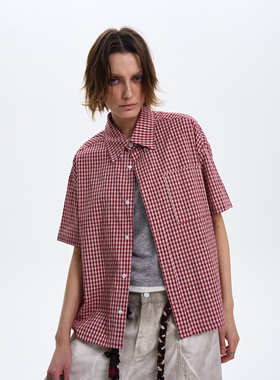 MADWITCH美式复古红色格纹衬衫短袖男女宽松休闲百搭通勤短款衬衣