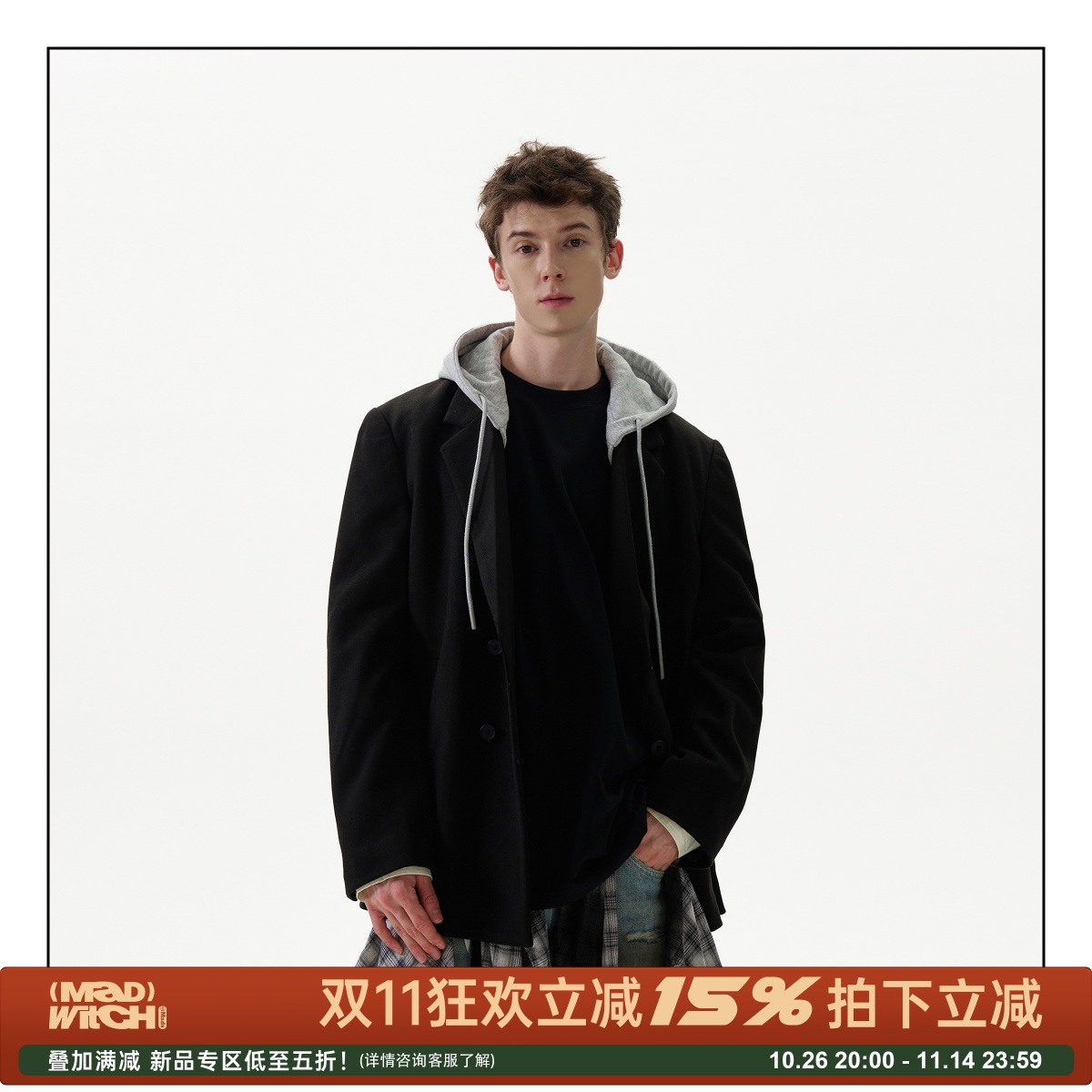 MADWITCH假两件连帽毛呢西装外套