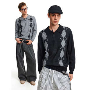 MADWITCH秋冬复古撞色菱格针织衫毛衣男女通勤休闲polo领套头上衣