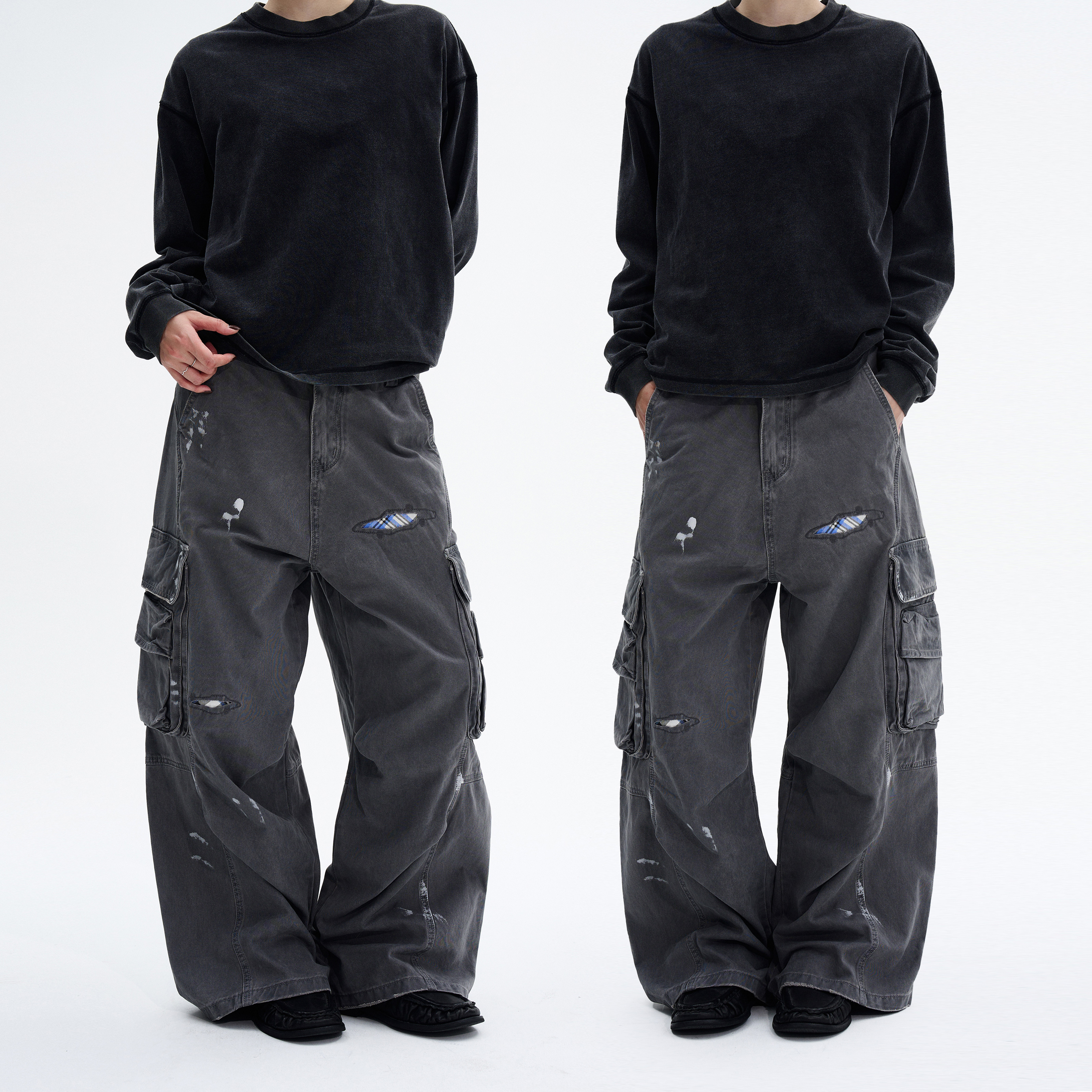 MADWITCH水洗泼墨做旧补丁工装裤