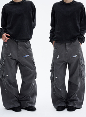 MADWITCH美式水洗泼墨做旧补丁工装裤男女宽松直筒高街痞帅休闲裤