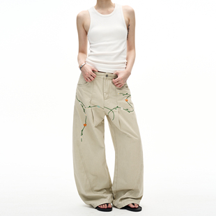 男女小众设计感宽松情侣裤 裤 子 复古花卉刺绣阔腿工装 MADWITCH美式