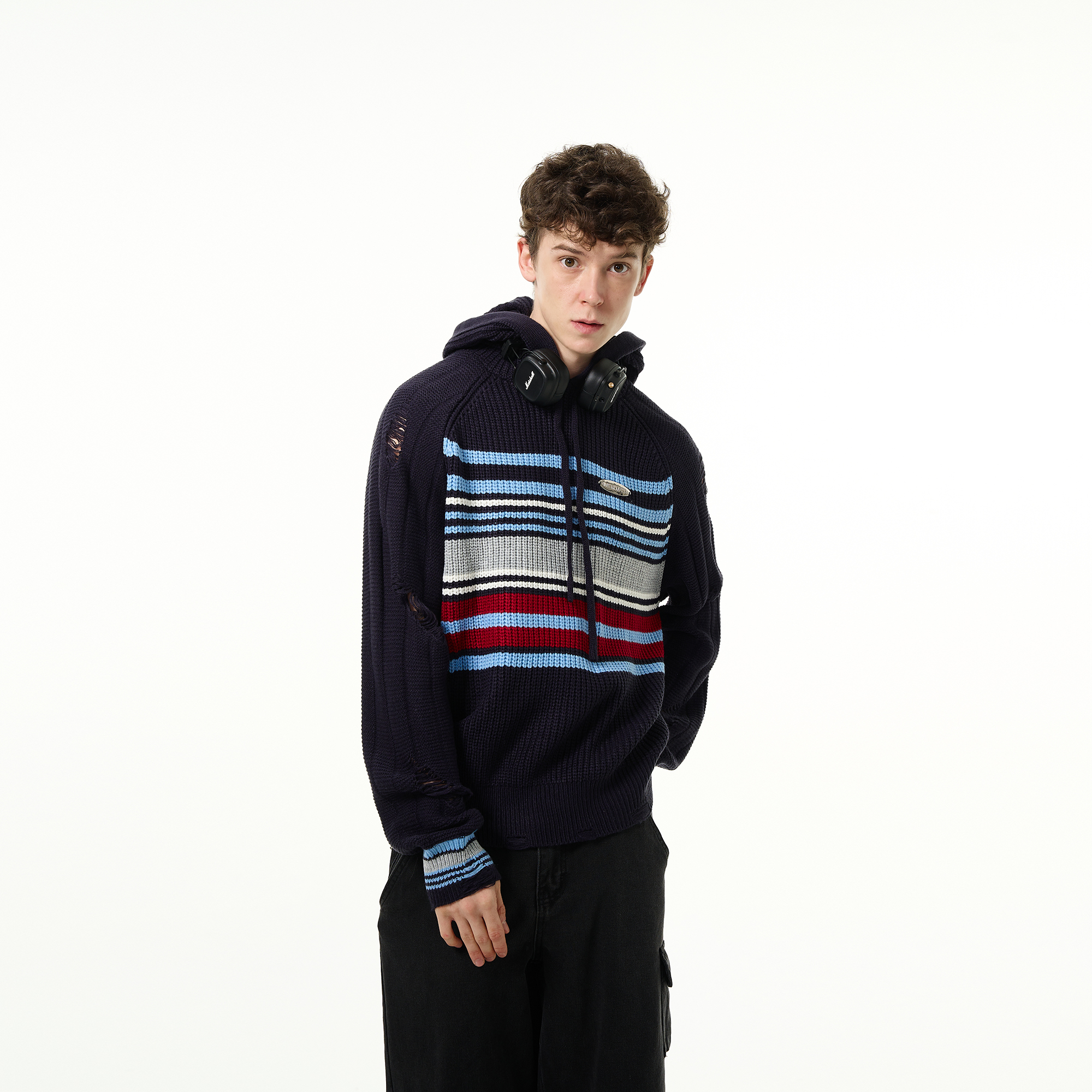 MADWITCH复古撞色条纹连帽针织衫