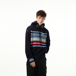 MADWITCH美式 vintage慵懒氛围感撞色条纹上衣 复古连帽毛衣针织衫