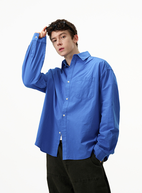 MADWITCH新款克莱因蓝色口袋衬衫男休闲百搭基础长袖复古衬衣上衣