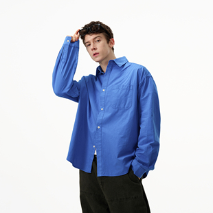 复古衬衣上衣 男休闲百搭基础长袖 MADWITCH新款 克莱因蓝色口袋衬衫