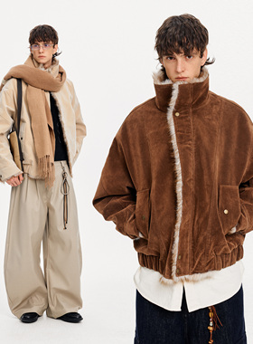 MADWITCH冬季氛围感仿麂皮立领棉服男女复古休闲高级感座山雕外套