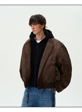 MADWITCH美式复古假两件连帽做旧棉服男女宽松休闲bomber棉衣外套