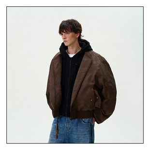 MADWITCH美式复古假两件连帽做旧棉服男女宽松休闲bomber棉衣外套