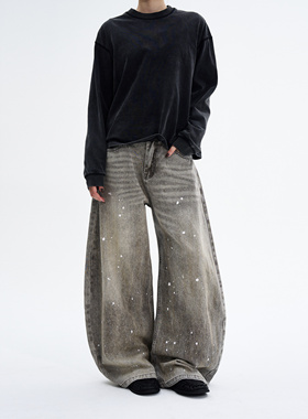 MADWITCH复古水洗泼墨设计感弯刀牛仔裤男女美式痞帅宽松阔腿裤子