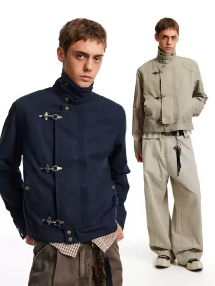 Madwitch Retro High-End Style Airplane Buckle Design Stand Collar Jacket for Men and Women, Cool High Street Short Wide Workwear Jacket
