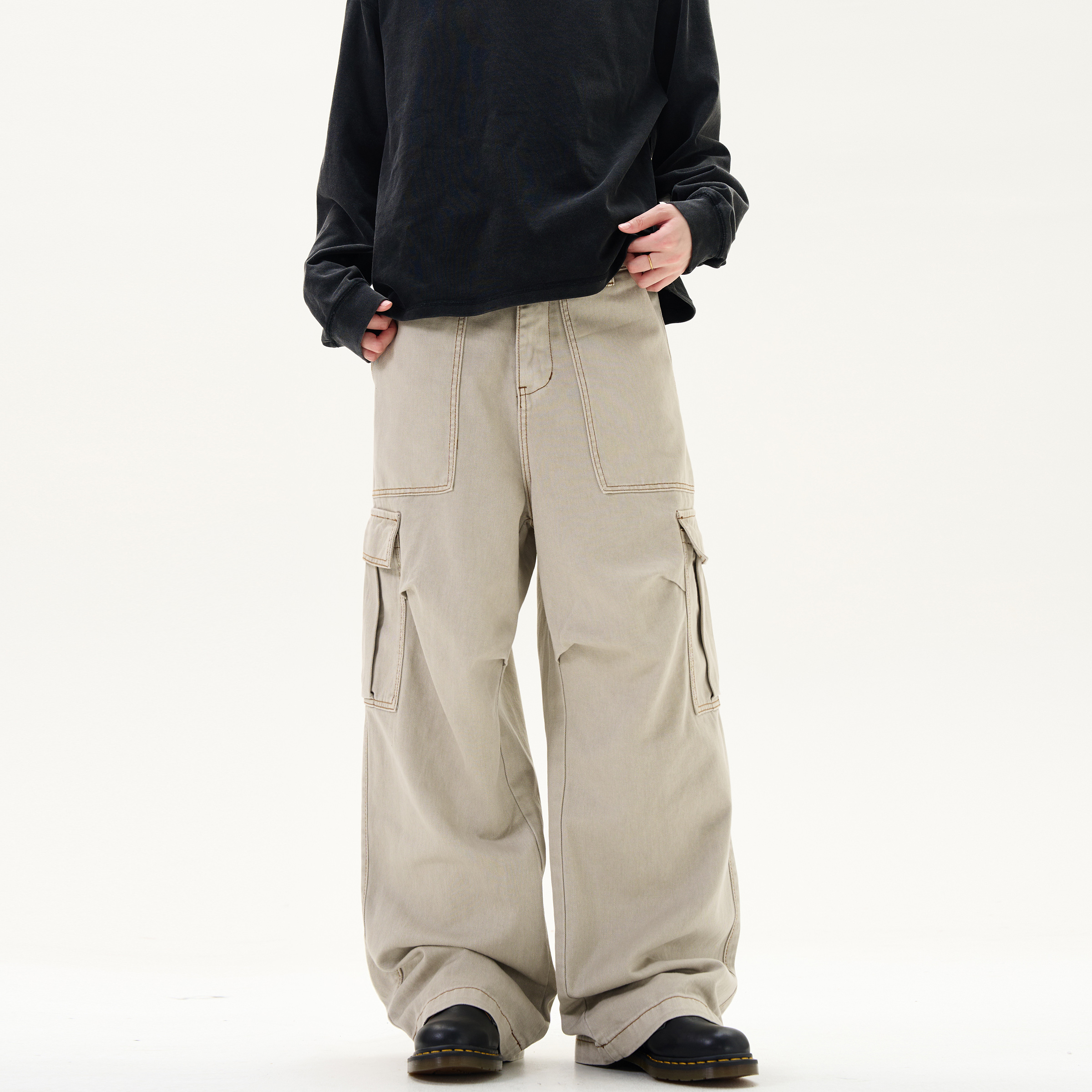 MADWITCH复古设计感褶皱工装裤