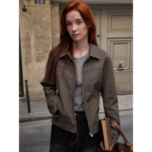 MADWITCH复古做旧洗水珠帆纹路PU皮衣夹克女修身 外套 cleanfit工装