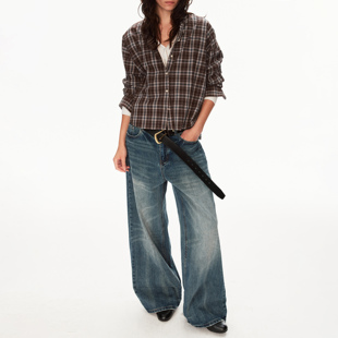 男女痞帅高街设计感宽松阔腿裤 MADWITCH美式 做旧水洗竹节纹牛仔裤