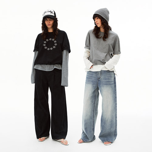 MADWITCH复古拼接假两件刺绣T恤