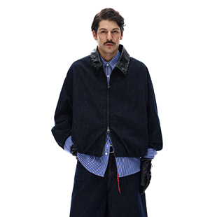 MADWITCH复古水洗拼接皮领牛仔夹克男女宽松休闲cleanfit短宽外套