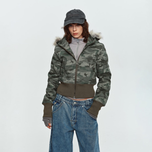 MADWITCH迷彩棉服女毛领连帽短款收腰美式复古工装显瘦保暖外套冬