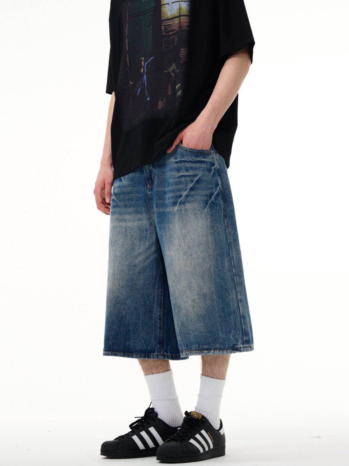 MADWITCH AMERICAN HIGH STREET DESIGN SENSE LIGHTNING WASH DENIM CROPPED SHORTS MENS AND WOMENS LOOSE STRAIGHT PANTS