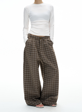 MADWITCH复古老钱风褶皱格子休闲裤男女宽松休闲松弛慵懒感裤子潮