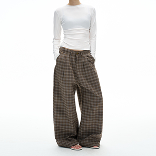 MADWITCH复古老钱风褶皱格子休闲裤男女宽松休闲松弛慵懒感裤子潮