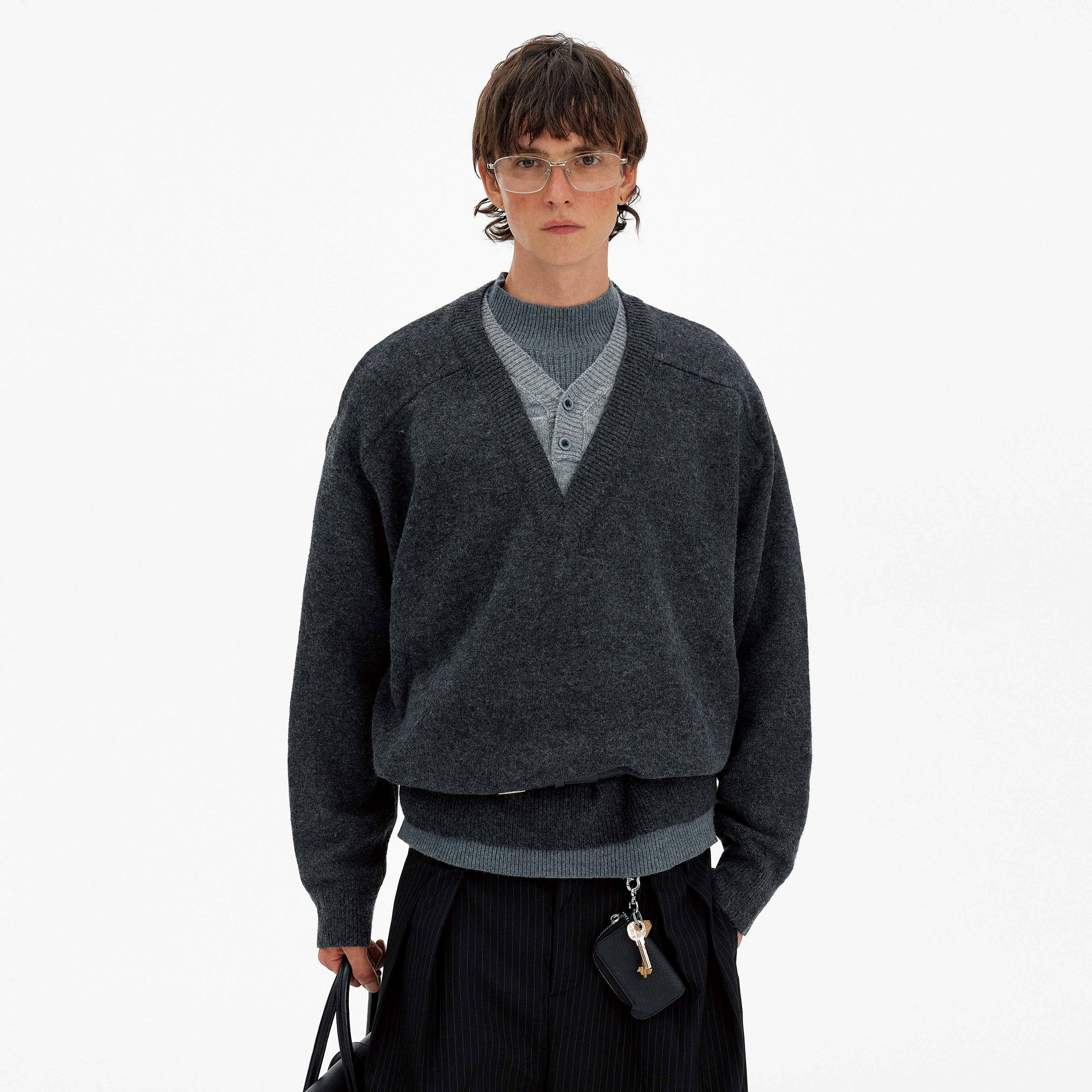 MADWITCH复古休闲双层领针织毛衣