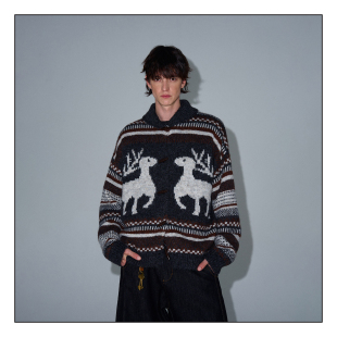MADWITCH复古圣诞麋鹿费尔岛针织开衫 慵懒氛围感重磅毛衣 男女冬季