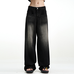 子 oversize裤 MADWITCH复古水洗垂感宽松牛仔裤 男女黑色直筒阔腿裤