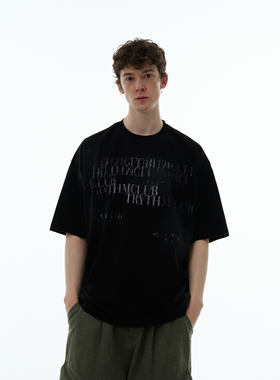 MADWITCH渐变标语印花做旧短袖vintage复古黑色T恤男宽松休闲上衣